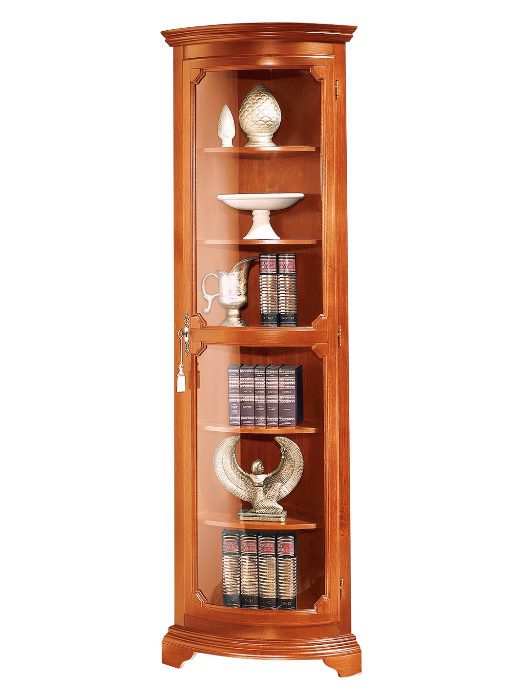 Teilmassive Eckvitrine mit gebogenen Glastüren mit Schloss