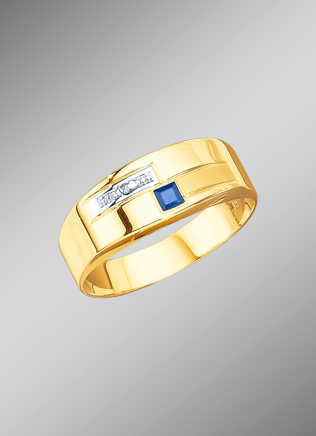 Herrenring in Bicolor mit Diamant und echt blauem Safir