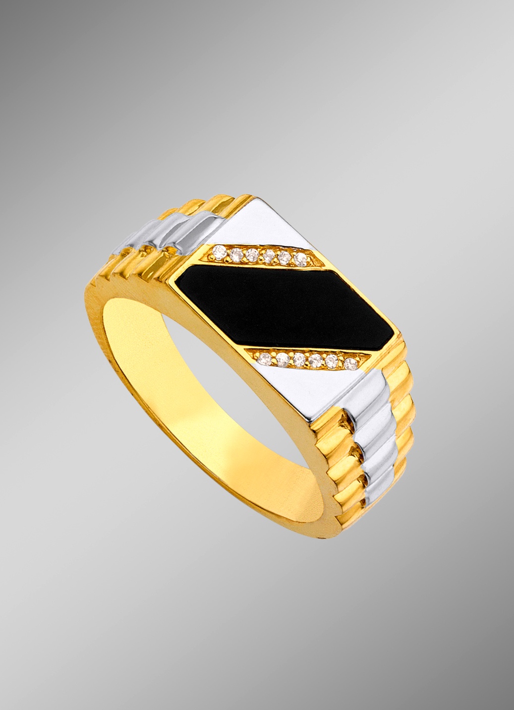 Herrenring in Bicolor mit Zirkonia und echt Onyx