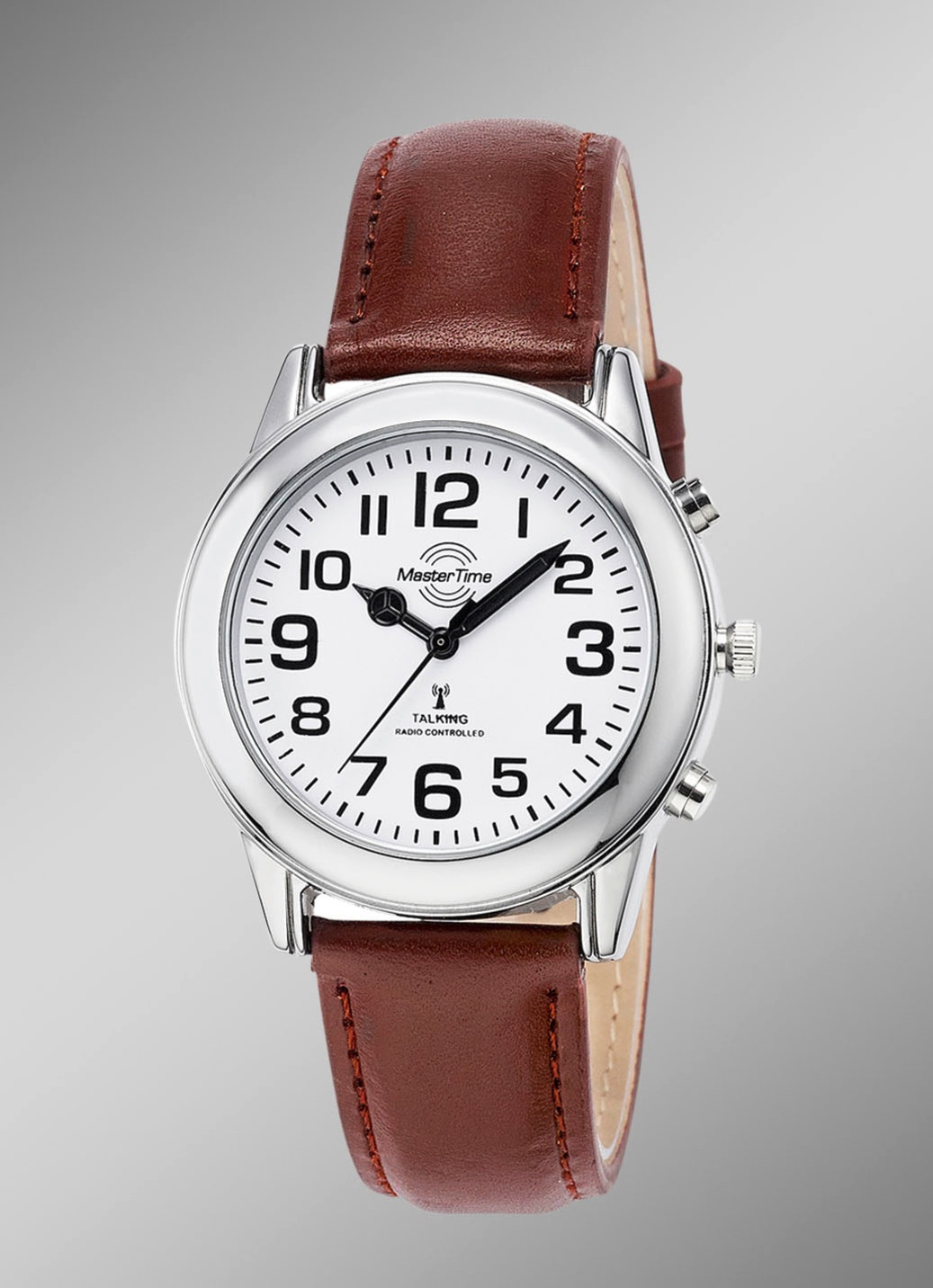 Funk-Herrenuhr mit Lederband und sprechender Zeitansage