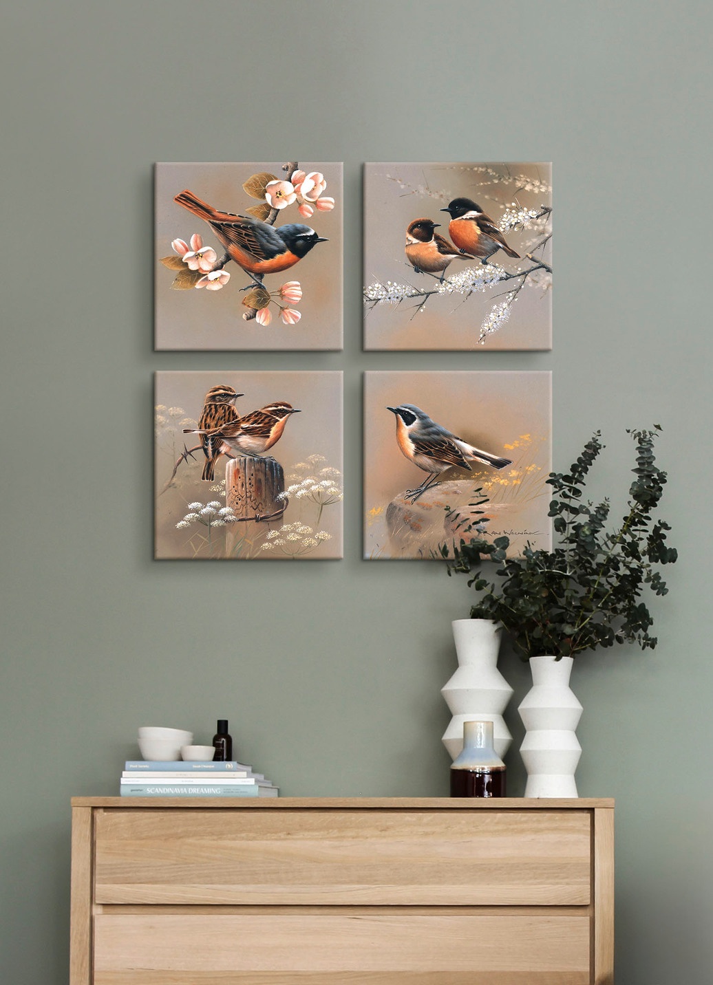 Hochwertiges Bilder-Set mit Vogelszenen, 4-teilig