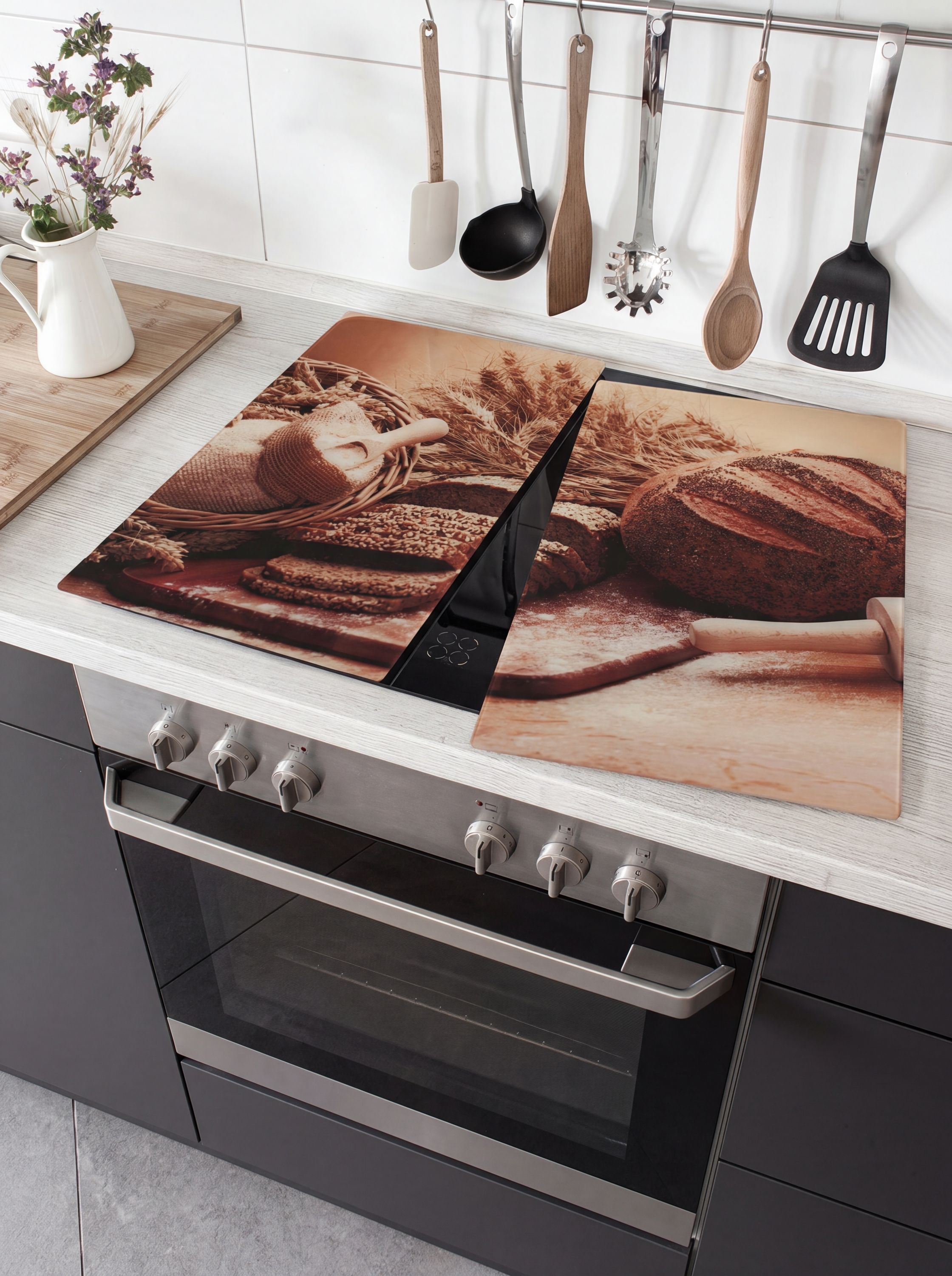 Herdabdeckplatten aus Glas, 2er-Set, Motiv Brot