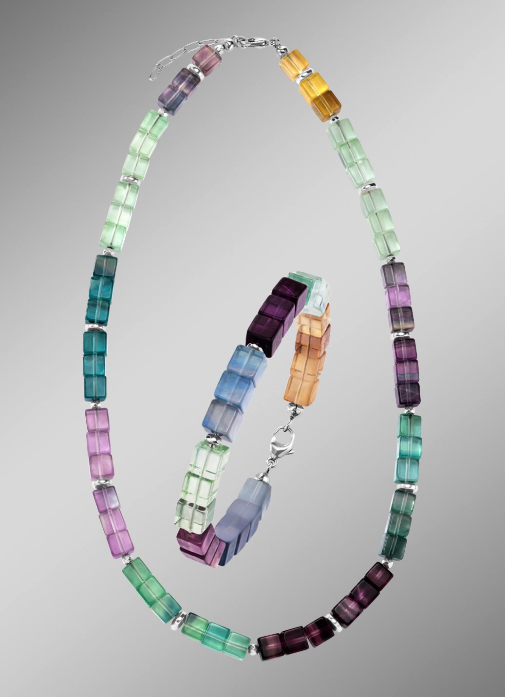Wunderschöne Garnitur mit Hämatit, beh. und Fluorit in Multicolor