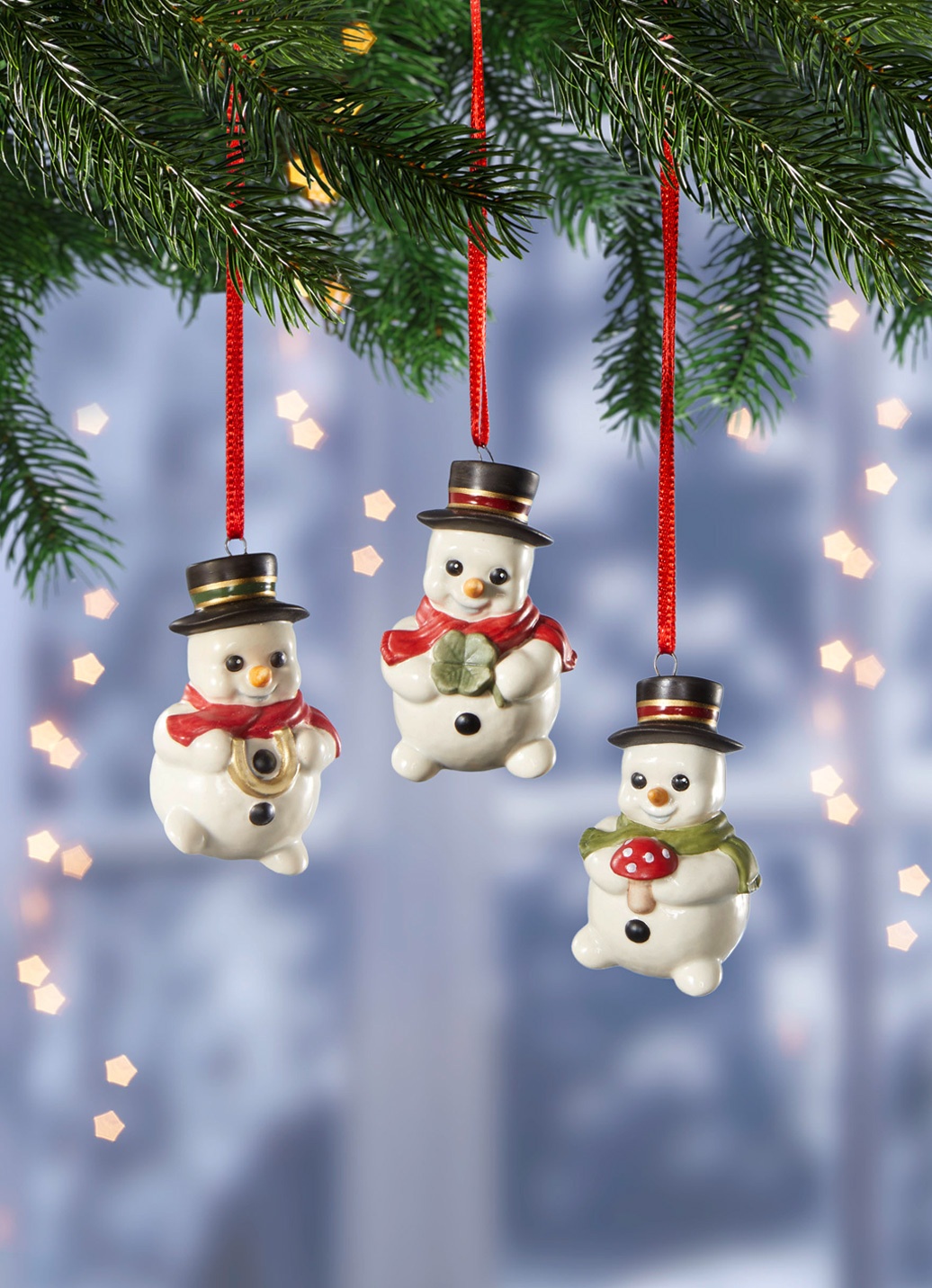 Schneemannhänger aus Feinsteingut, 3er-Set