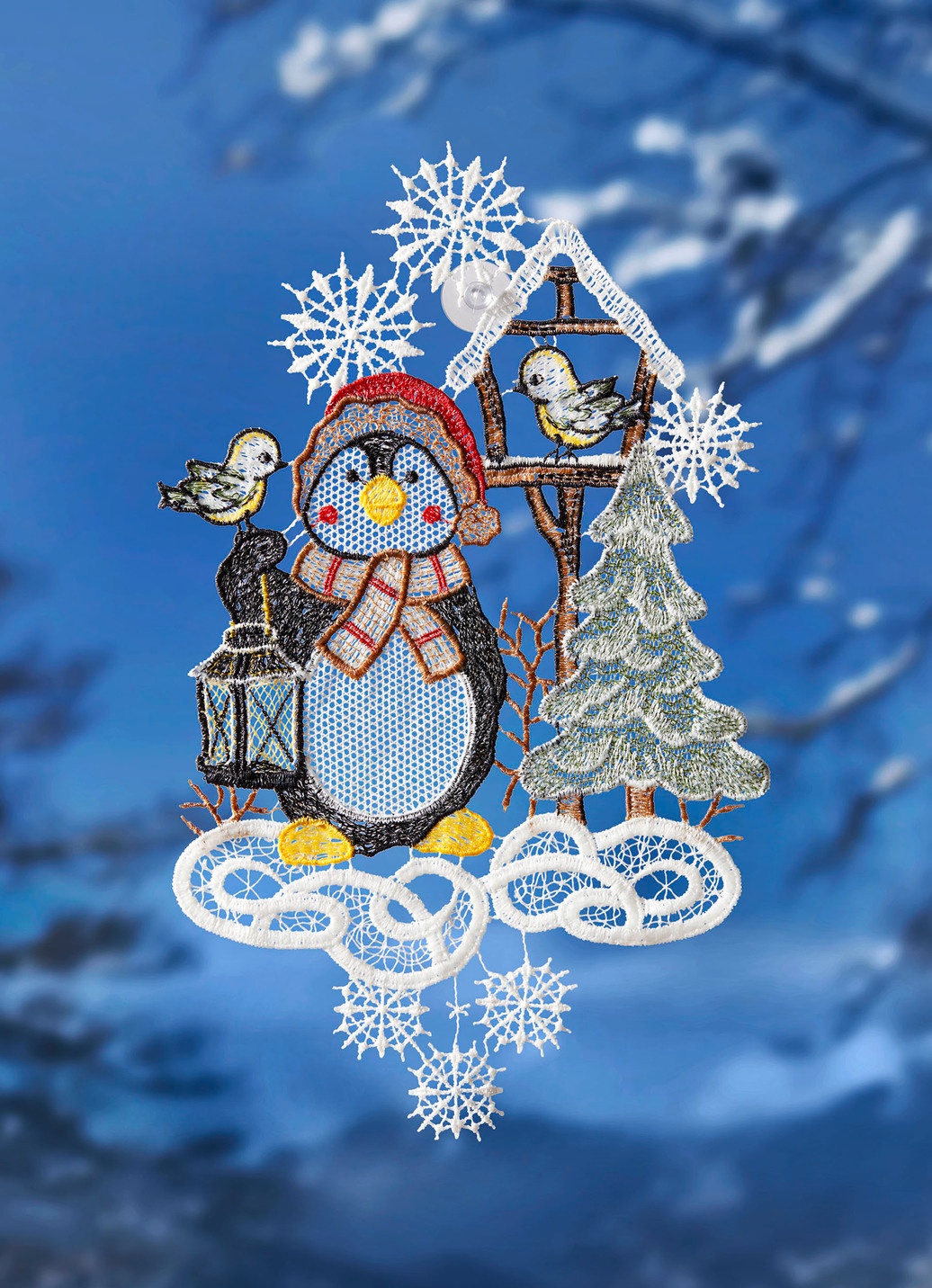 Fensterbild Pinguin aus echter Plauener Spitze