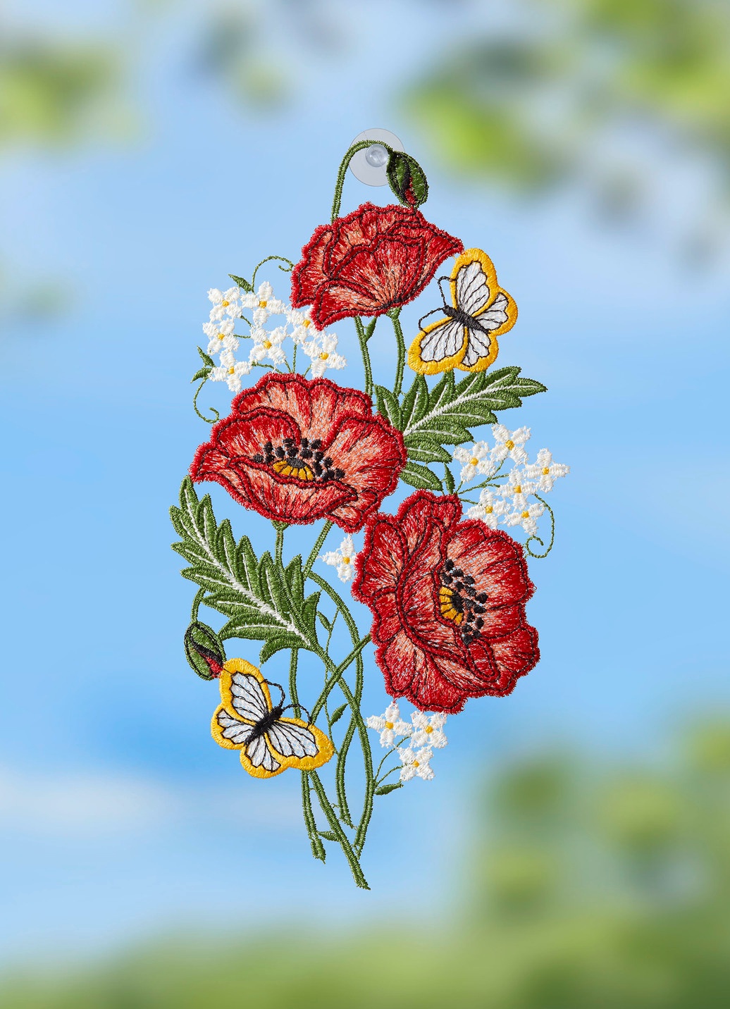 Fensterbild mit Mohnblumen-Motiv aus Plauener Spitze