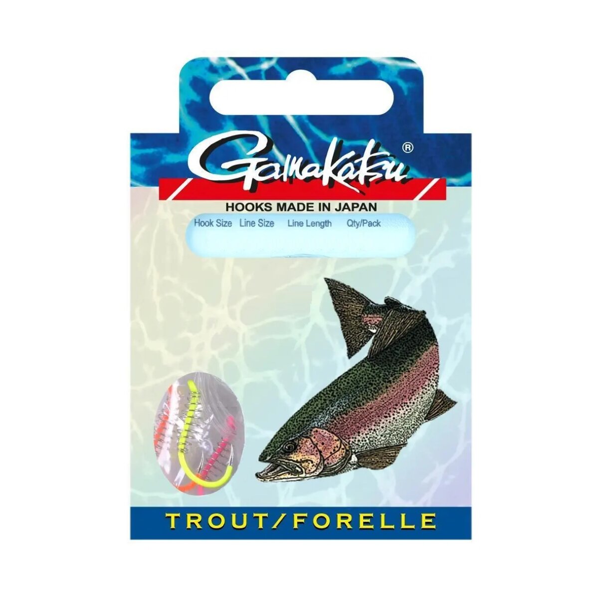 Gamakatsu Trout Spiral Multicolor Gr. 6 – 0,22mm – 120cm Gebundene Haken 3 Stück